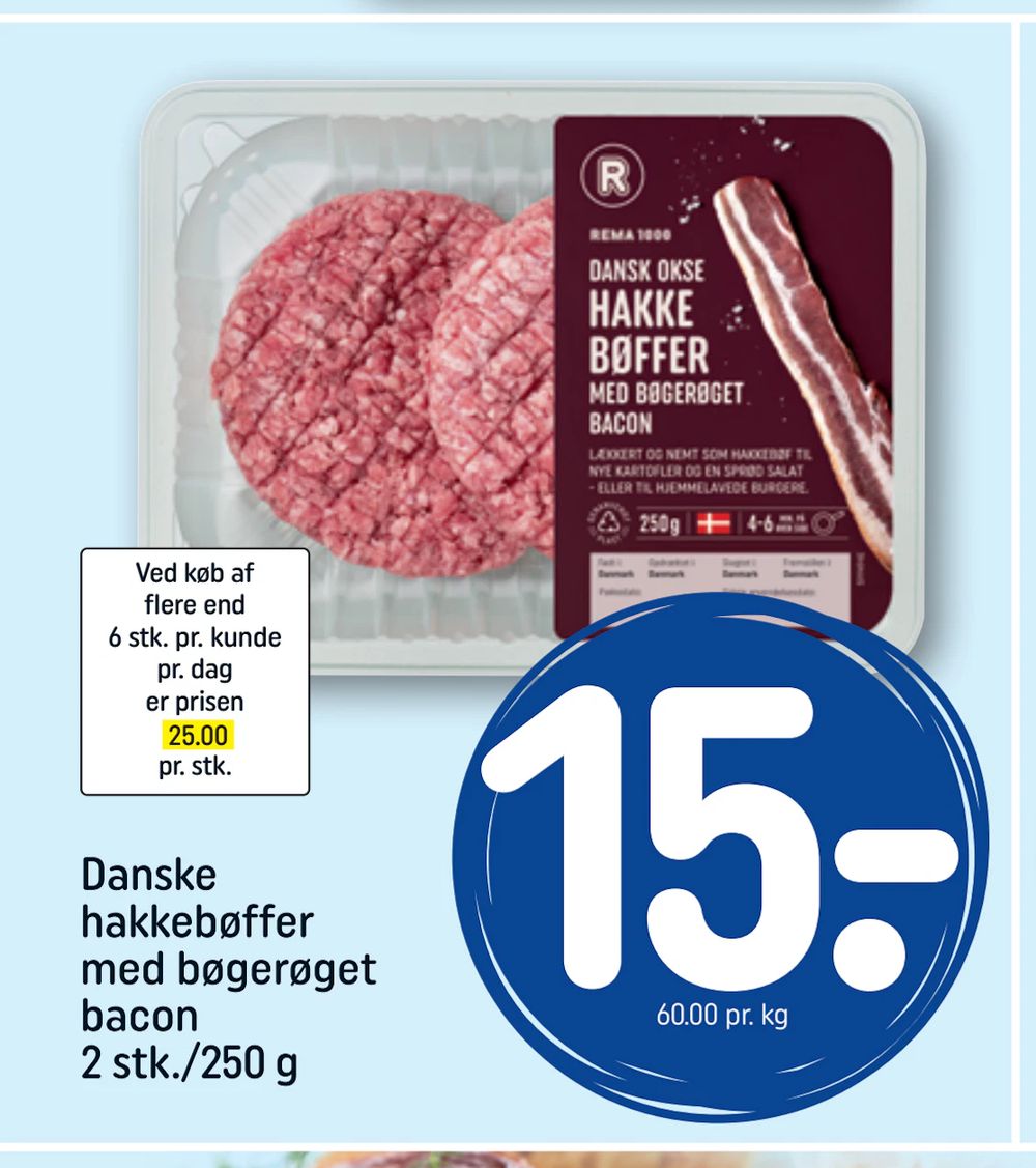 Tilbud på Danske hakkebøffer med bøgerøget bacon 2 stk./250 g fra REMA 1000 til 15 kr.