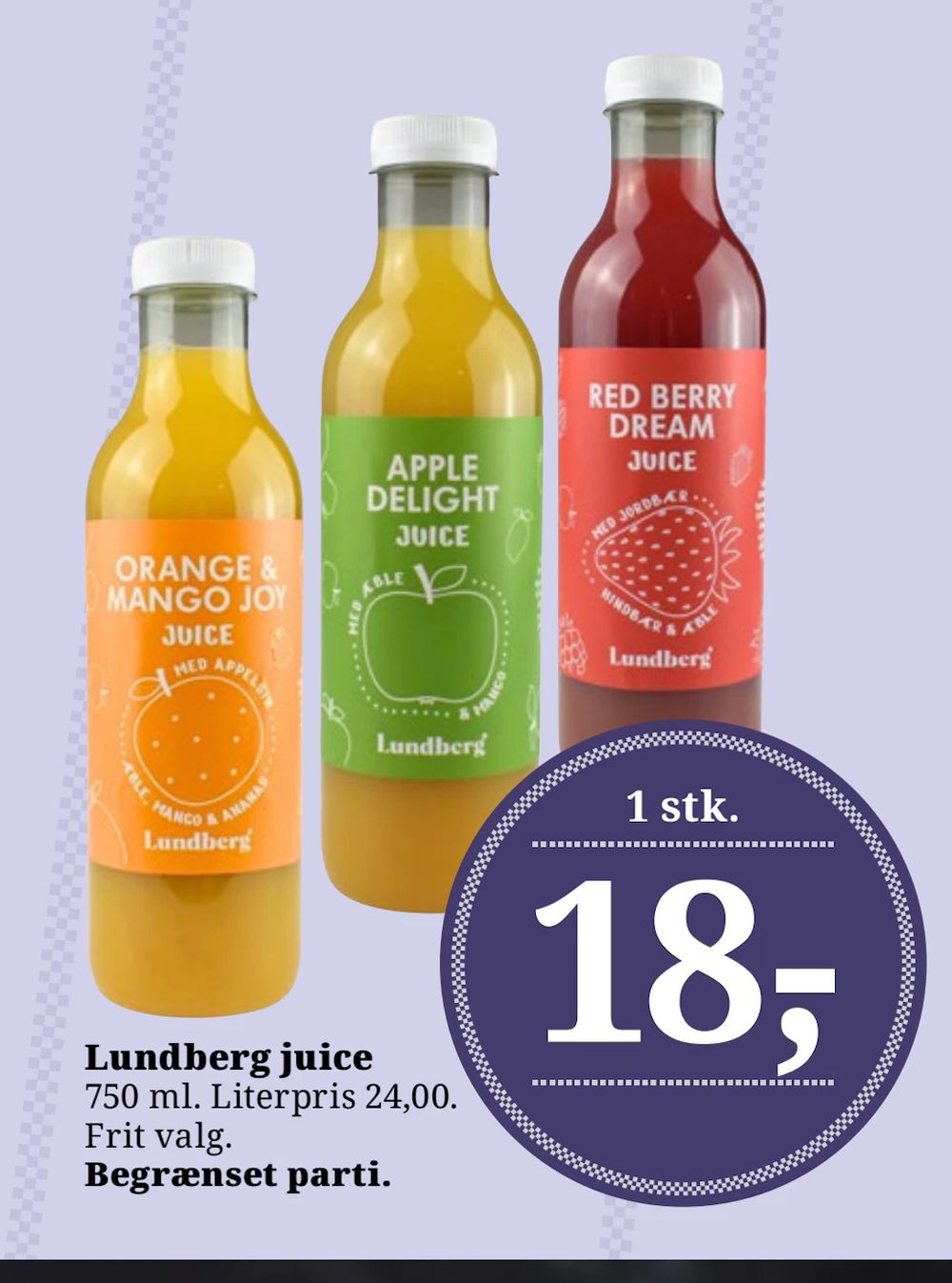 Tilbud på Lundberg juice fra Brugsen til 18 kr.