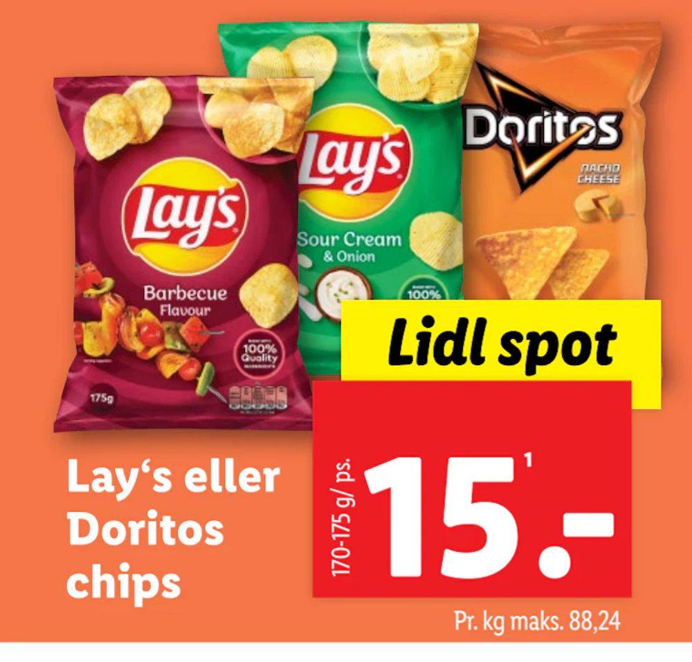 Tilbud på Lay‘s eller Doritos chips fra Lidl til 15 kr.