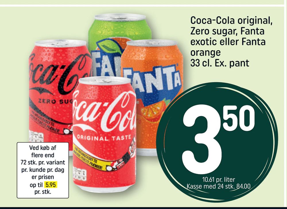 Tilbud på Coca-Cola original, Zero sugar, Fanta exotic eller Fanta orange fra REMA 1000 til 3,50 kr.