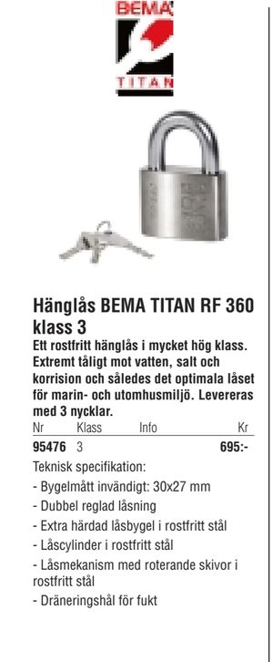 Hänglås BEMA TITAN RF 360 klass 3