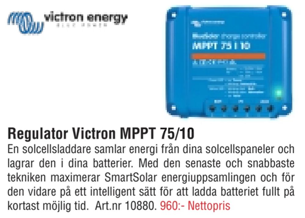 Erbjudanden på Regulator Victron MPPT 75/10 från Erlandsons Brygga för 960 kr