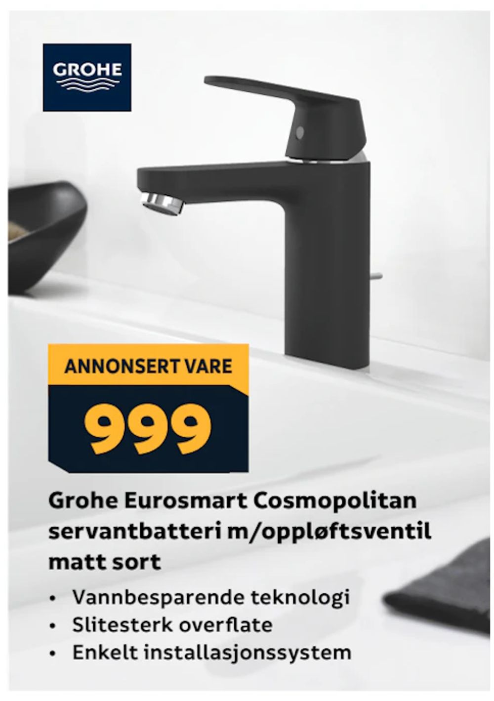 Tilbud på Grohe Eurosmart Cosmopolitan servantbatteri m/oppløftsventil matt sort fra Megaflis til 999 kr