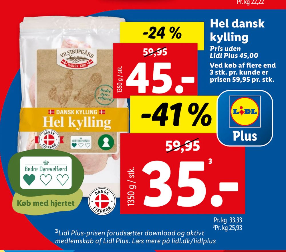 Tilbud på Hel dansk kylling fra Lidl til 45 kr.