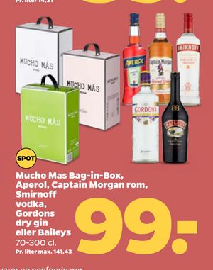 Mucho Mas Bag-in-Box, Aperol, Captain Morgan rom, Smirnoff vodka, Gordons dry gin eller Baileys