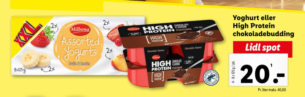 Tilbud på Yoghurt eller High Protein chokoladebudding fra Lidl til 20 kr.