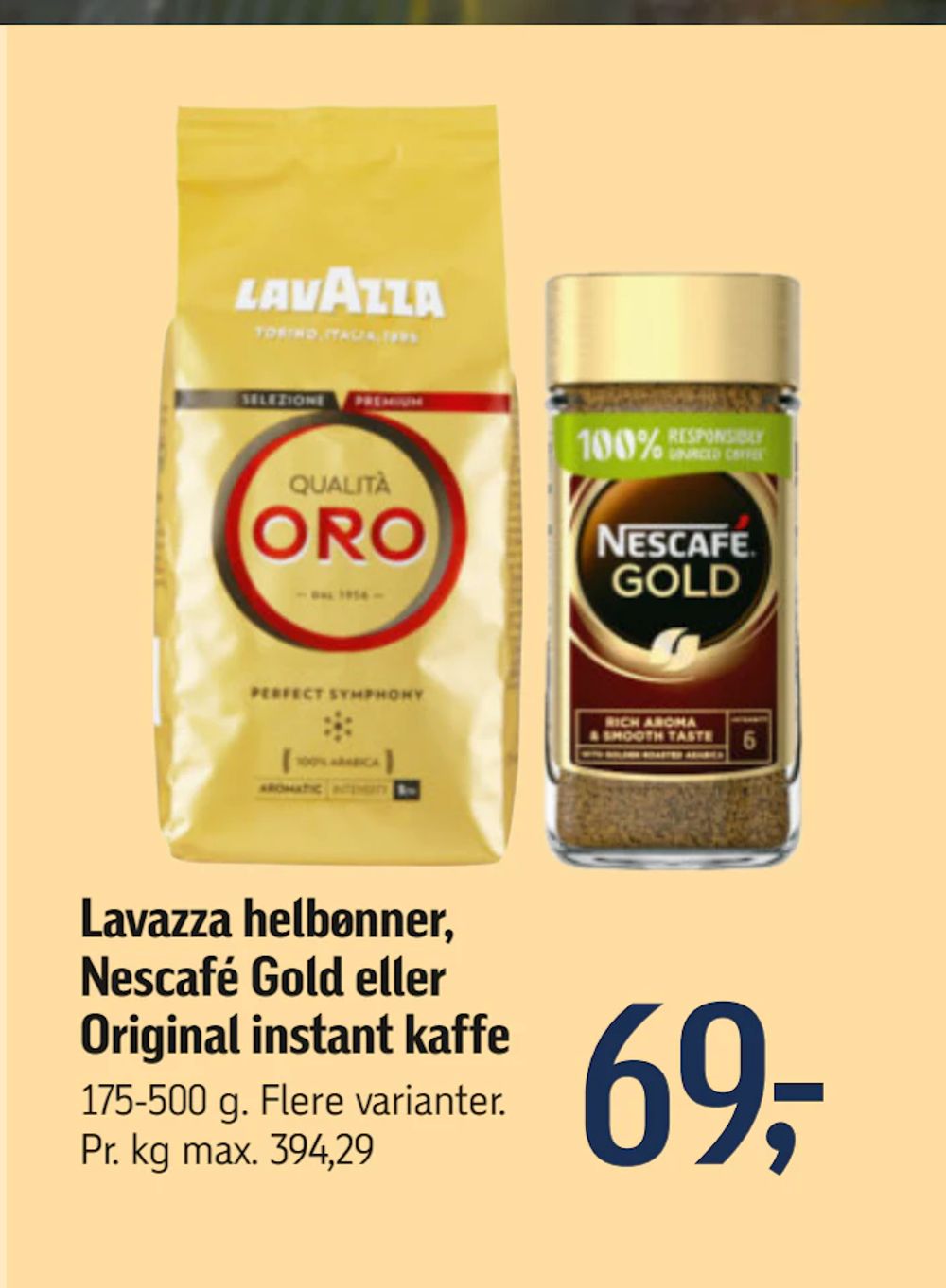 Tilbud på Lavazza helbønner, Nescafé Gold eller Original instant kaffe fra føtex til 69 kr.