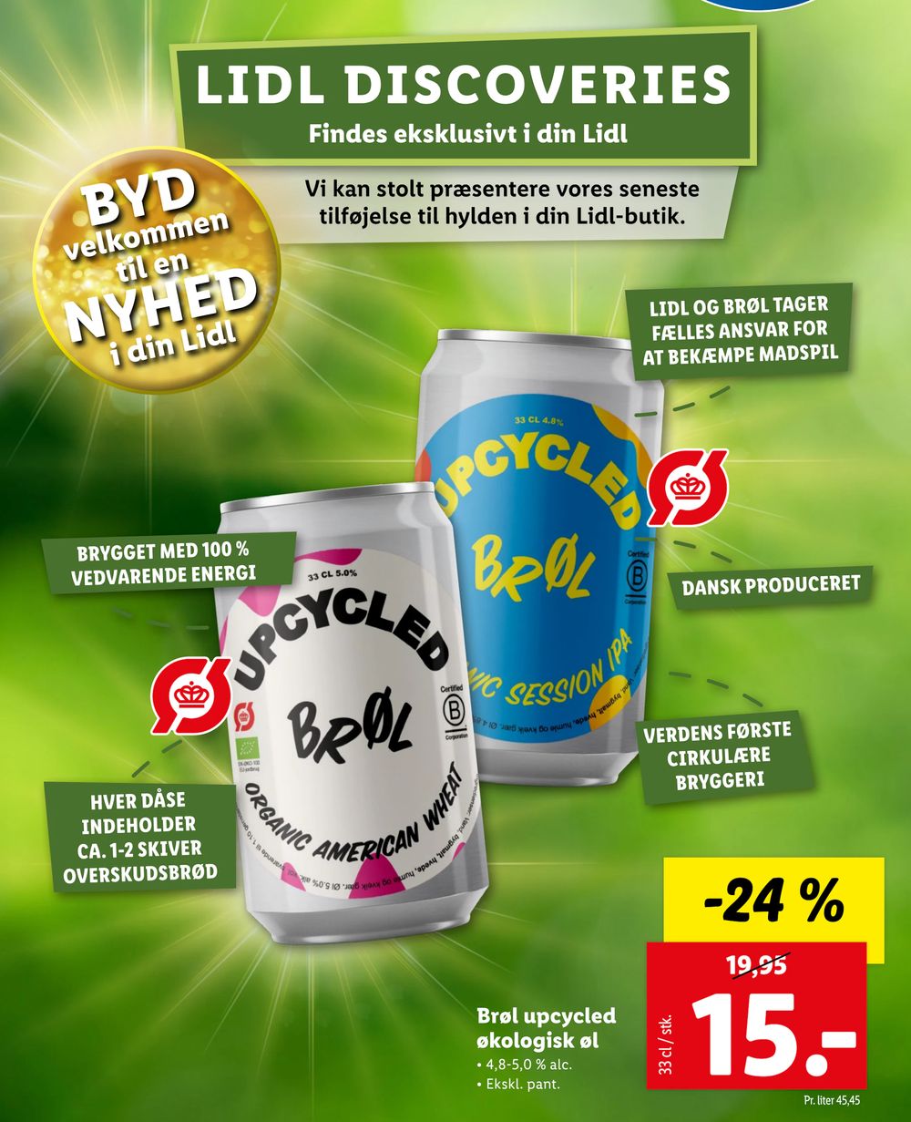 Tilbud på Brøl upcycled økologisk øl fra Lidl til 15 kr.