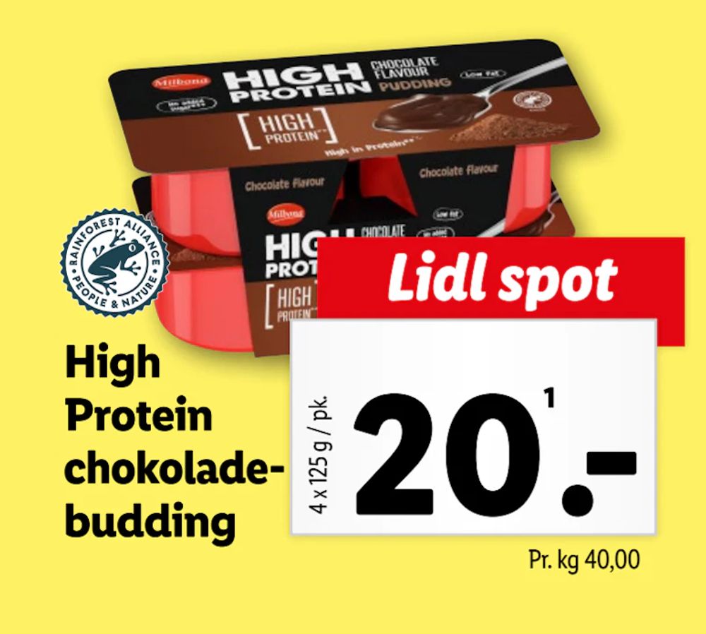 Tilbud på High  Protein chokoladebudding fra Lidl til 20 kr.