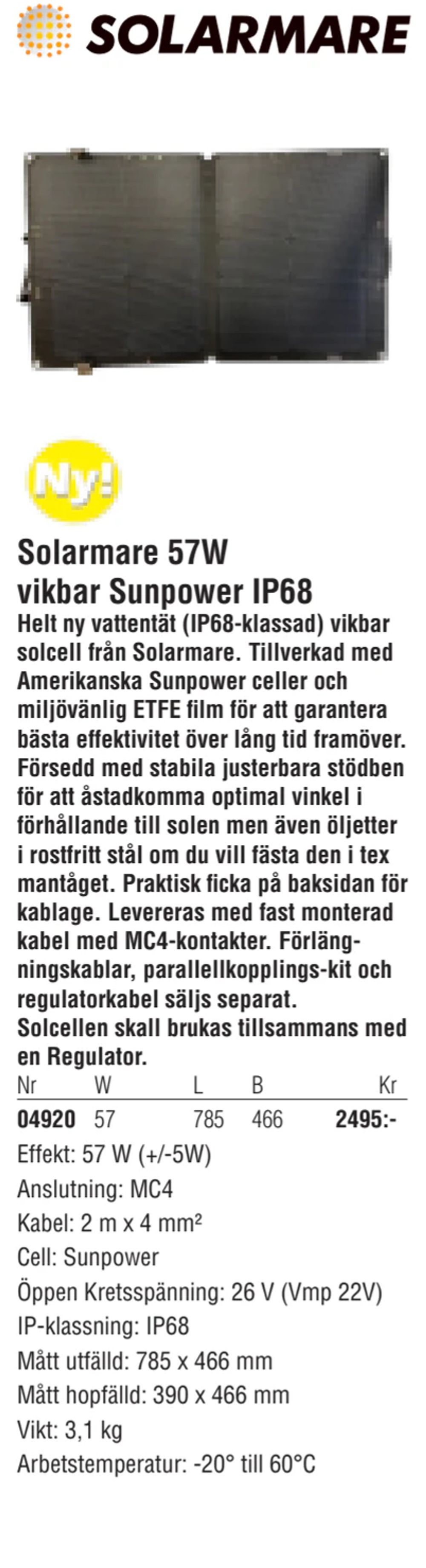 Erbjudanden på Solarmare 57W vikbar Sunpower IP68 från Erlandsons Brygga för 2 495 kr