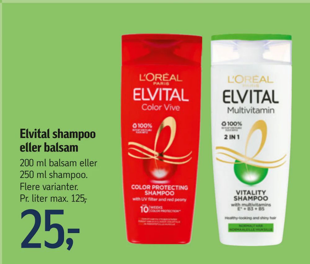 Tilbud på Elvital shampoo eller balsam fra føtex til 25 kr.