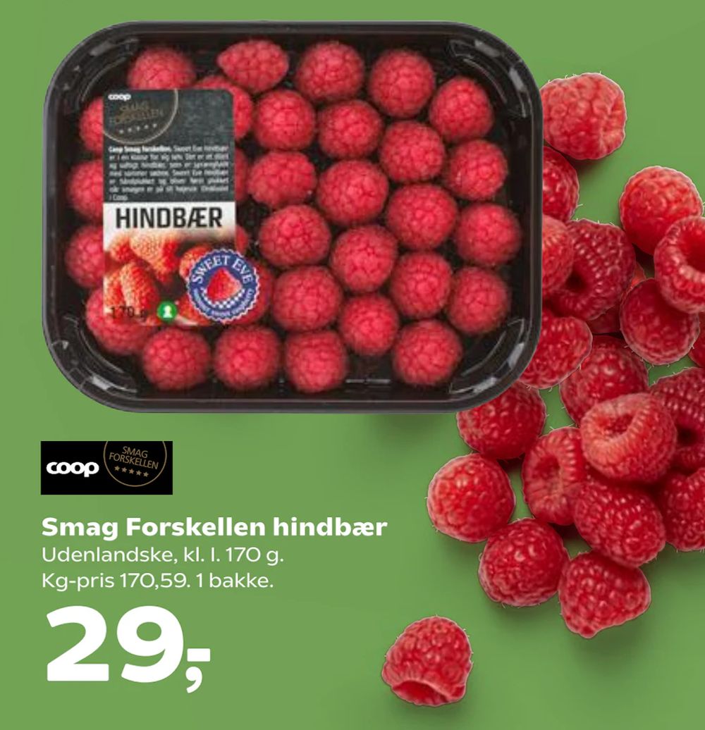 Tilbud på Smag Forskellen hindbær fra Kvickly til 29 kr.