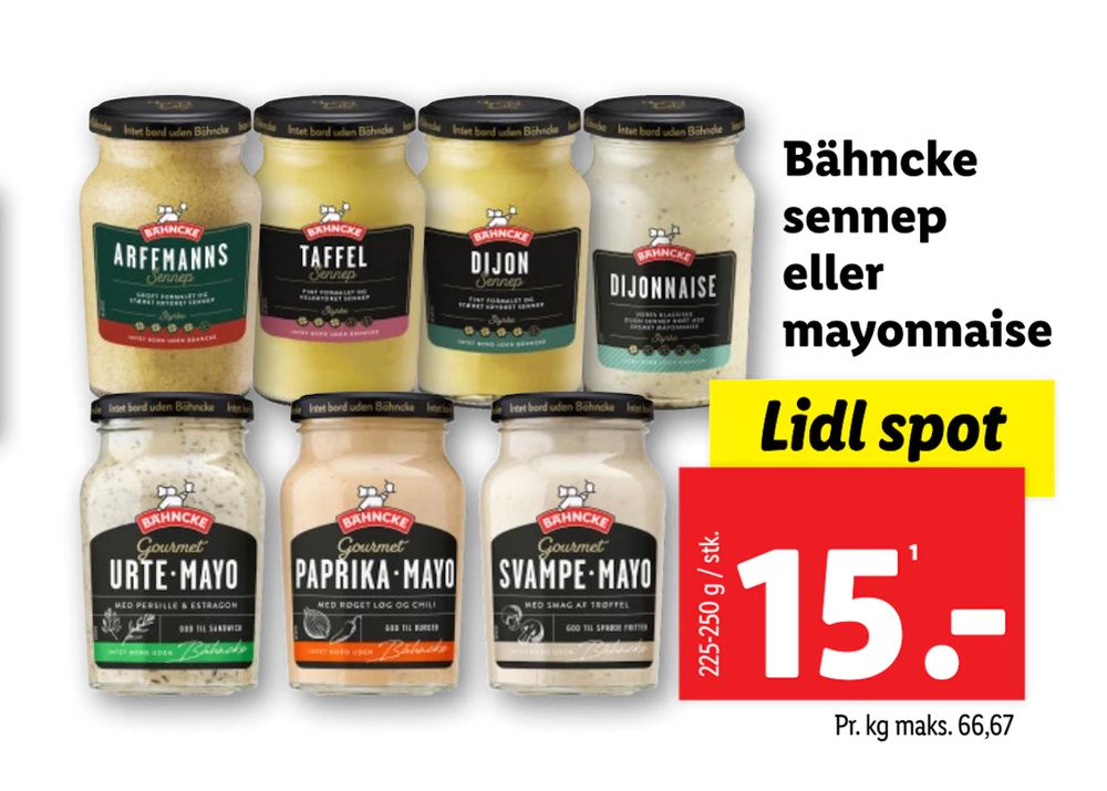 Tilbud på Bähncke sennep eller mayonnaise fra Lidl til 15 kr.