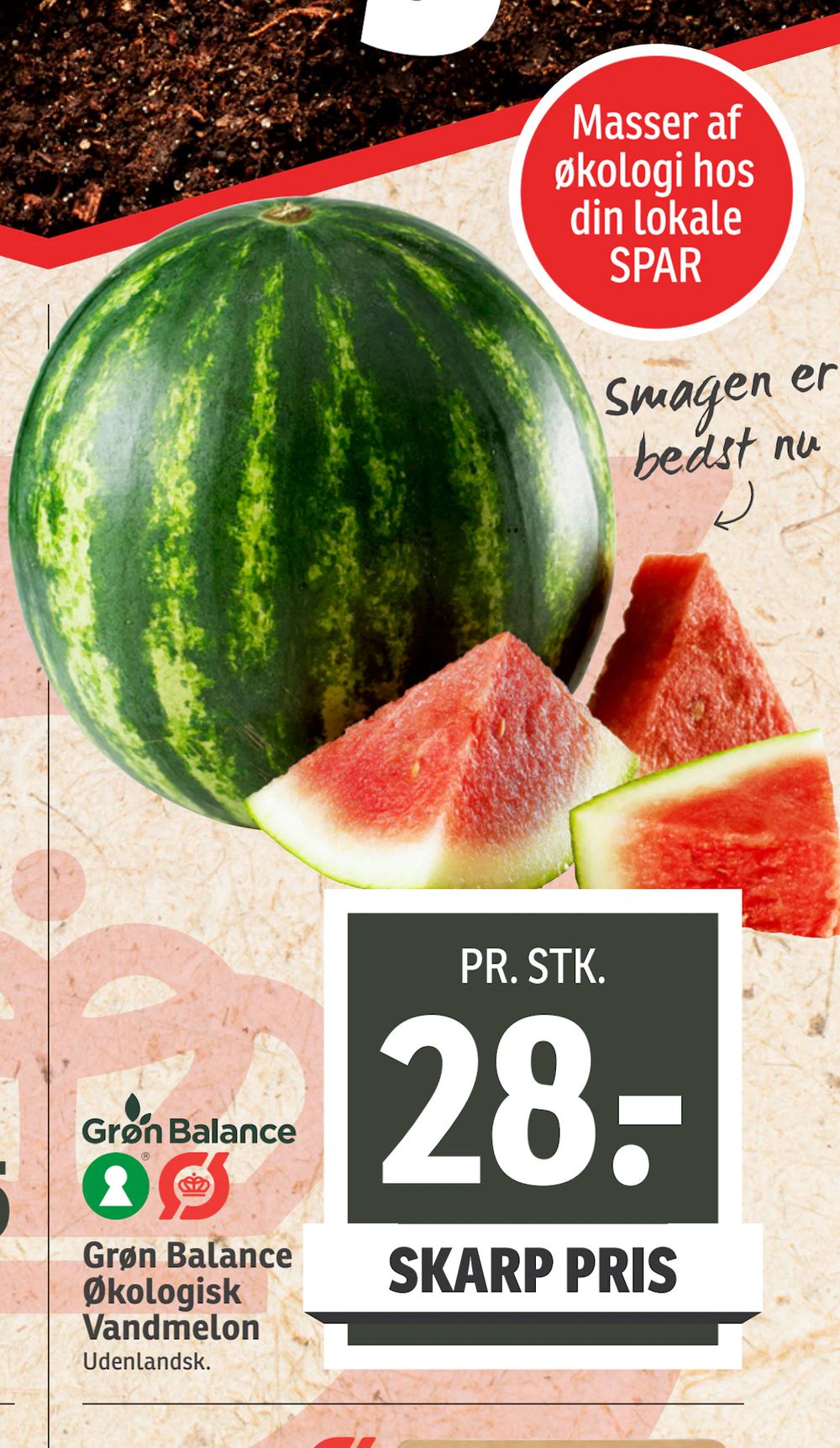 Tilbud på Grøn Balance Økologisk Vandmelon fra SPAR til 28 kr.