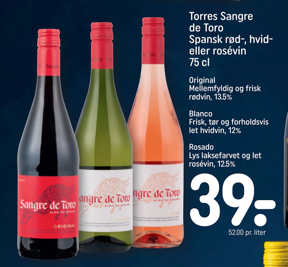 Tilbud på Torres Sangre de Toro Spansk rød-, hvid- eller rosévin 75 cl fra REMA 1000 til 39 kr.