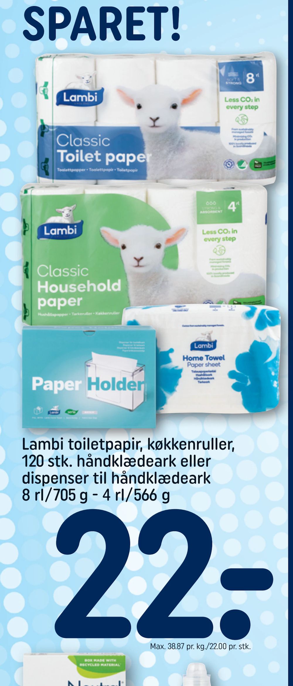 Tilbud på Lambi toiletpapir, køkkenruller, 120 stk. håndklædeark eller dispenser til håndklædeark 8 rl/705 g - 4 rl/566 g fra REMA 1000 til 22 kr.