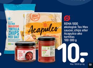 REMA 1000 økologisk Tex Mex saucer, chips eller Acapulco øko tortillas 100-300 g