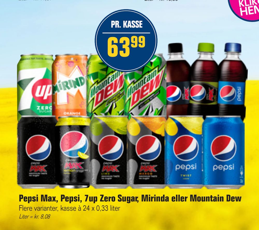 Tilbud på Pepsi Max, Pepsi, 7up Zero Sugar, Mirinda eller Mountain Dew fra Otto Duborg til 63,99 kr.