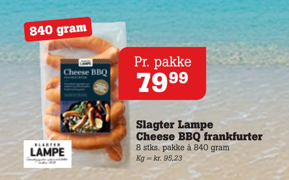 Tilbud på Slagter Lampe Cheese BBQ frankfurter fra Poetzsch Padborg til 79,99 kr.