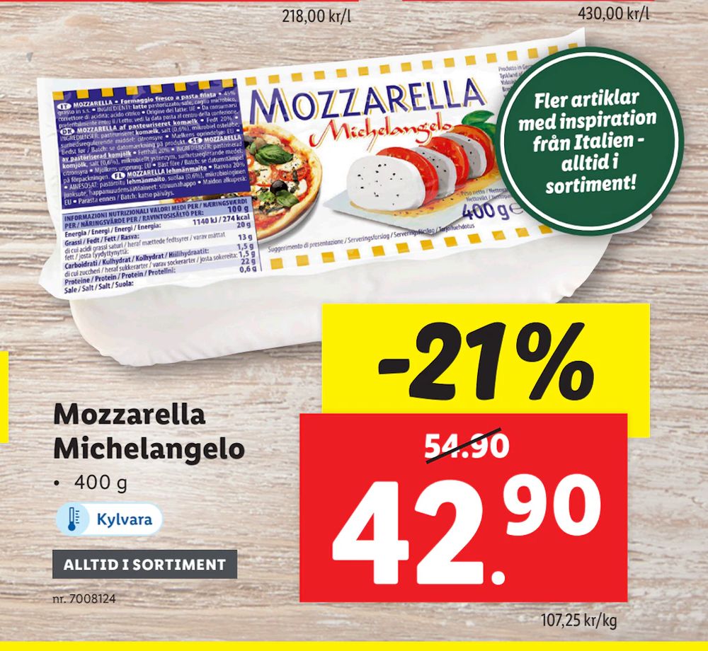 Erbjudanden på Mozzarella Michelangelo från Lidl för 42,90 kr