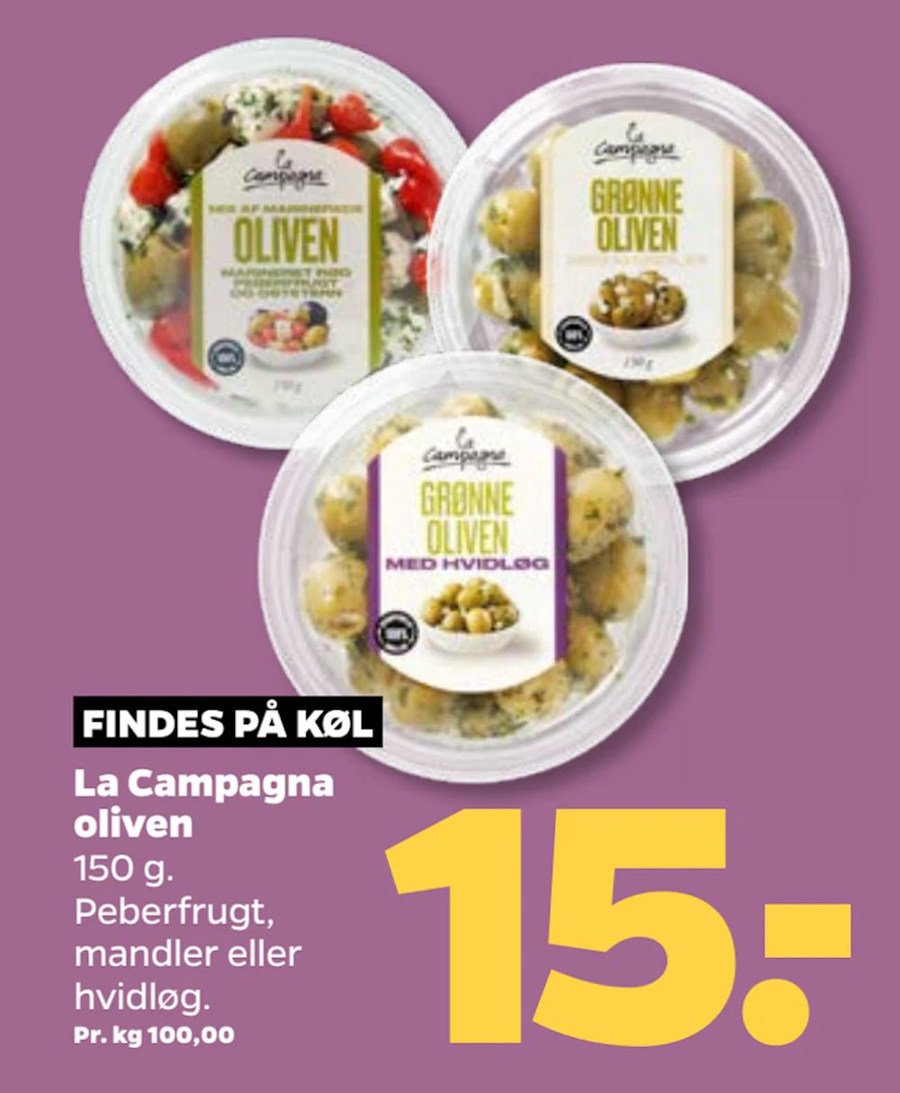 Tilbud på La Campagna oliven fra Netto til 15 kr.