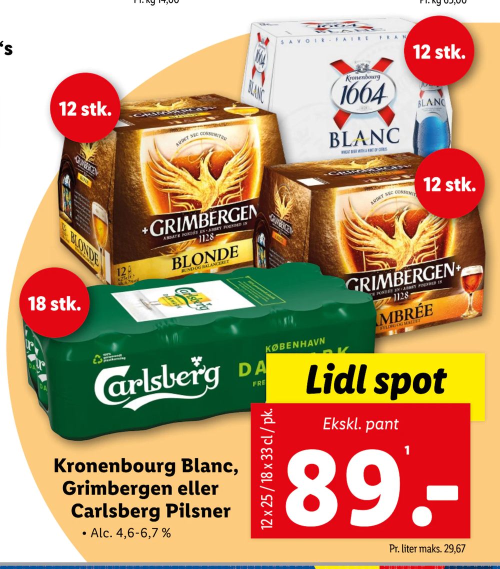 Tilbud på Kronenbourg Blanc, Grimbergen eller Carlsberg Pilsner fra Lidl til 89 kr.