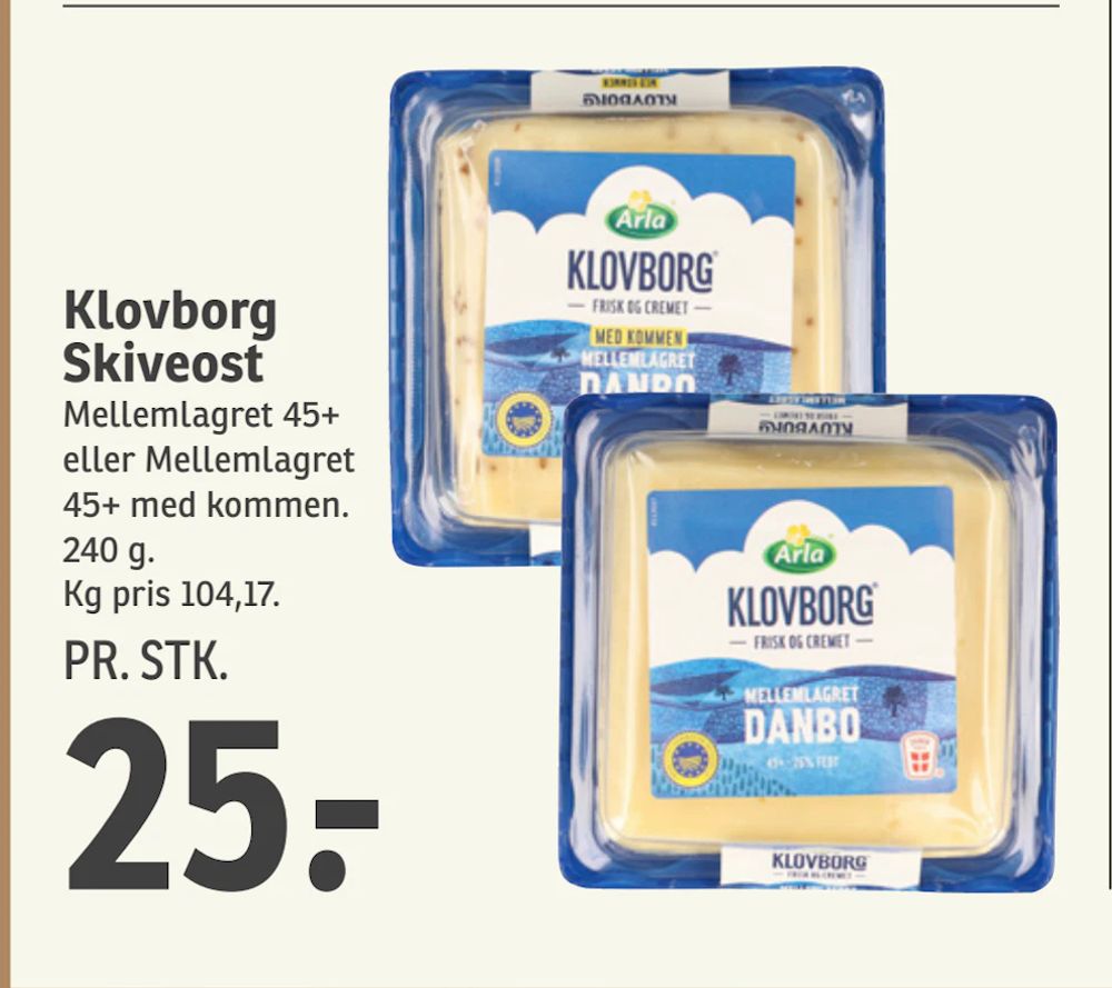 Tilbud på Klovborg Skiveost fra SPAR til 25 kr.
