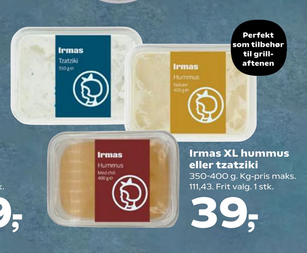 Tilbud på Irmas XL hummus eller tzatziki fra Kvickly til 39 kr.