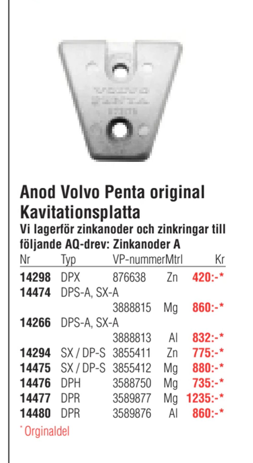 Erbjudanden på Anod Volvo Penta original Kavitationsplatta från Erlandsons Brygga för 420 kr