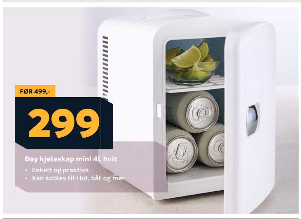 Tilbud på Day kjøleskap mini 4L hvit fra Megaflis til 299 kr