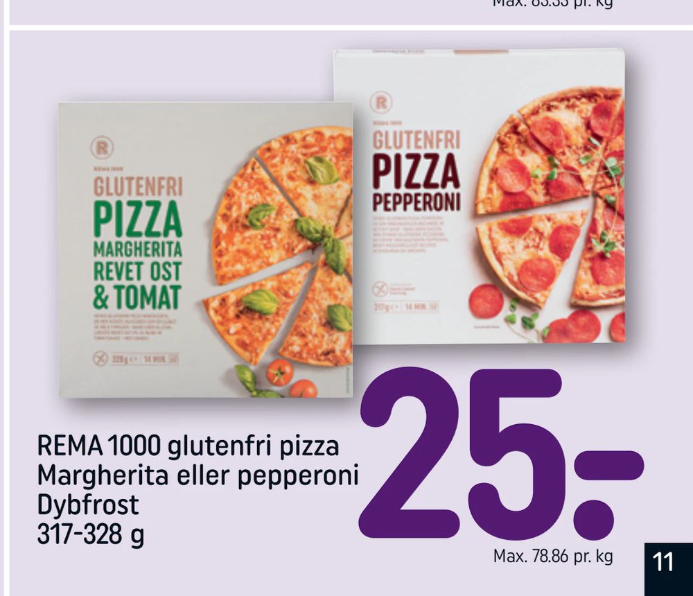 Tilbud på REMA 1000 glutenfri pizza Margherita eller pepperoni Dybfrost 317-328 g fra REMA 1000 til 25 kr.