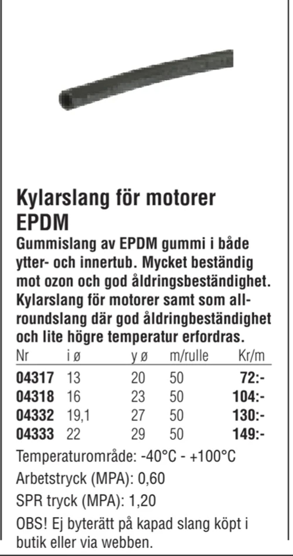 Erbjudanden på Kylarslang för motorer EPDM från Erlandsons Brygga för 72 kr