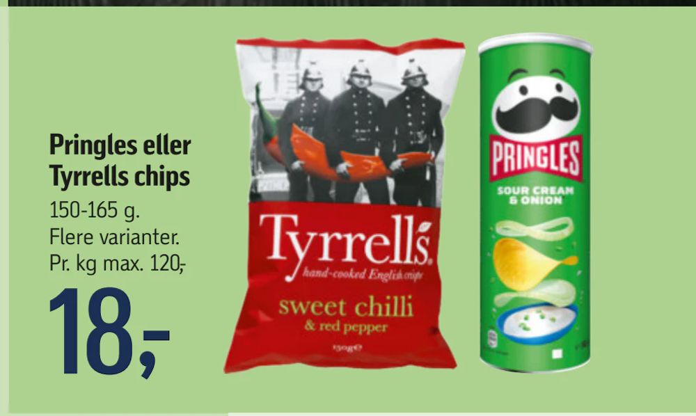 Tilbud på Pringles eller Tyrrells chips fra føtex til 18 kr.