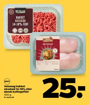 Velsmag hakket oksekød 14-18% eller dansk kyllingefilet