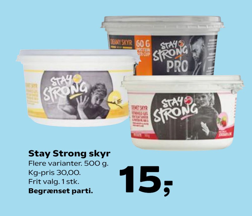 Tilbud på Stay Strong skyr fra SuperBrugsen til 15 kr.