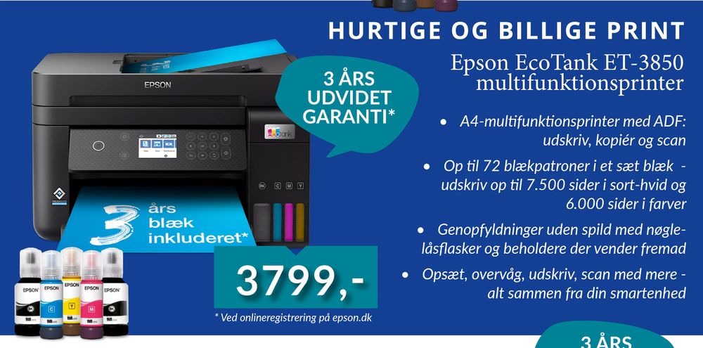 Tilbud på Epson EcoTank ET-3850 multifunktionsprinter fra CBC IT til 3.799 kr.