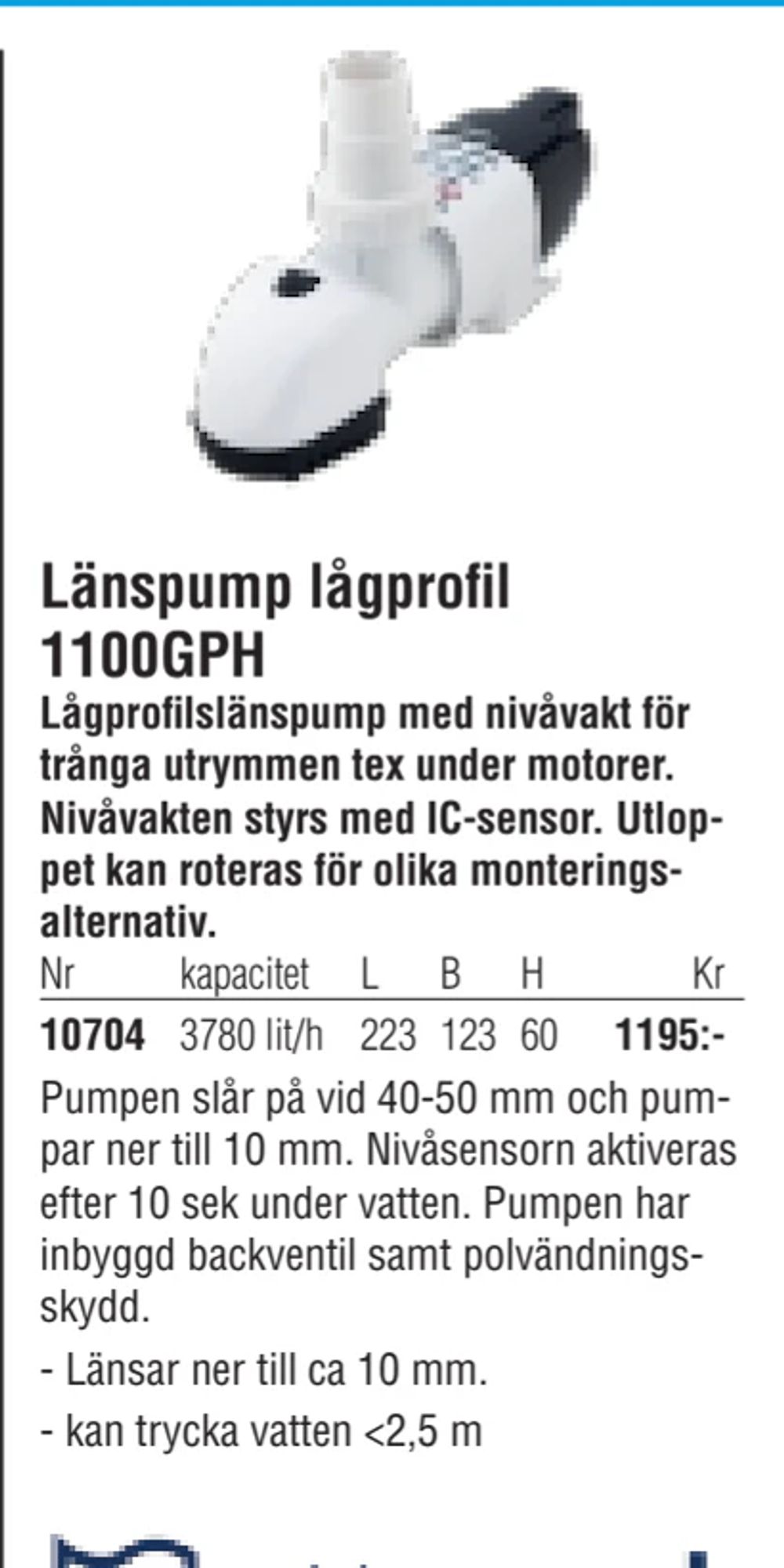 Erbjudanden på Länspump lågprofil 1100GPH från Erlandsons Brygga för 1 195 kr