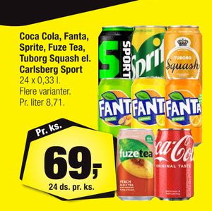 Coca Cola, Fanta, Sprite, Fuze Tea, Tuborg Squash el. Carlsberg Sport