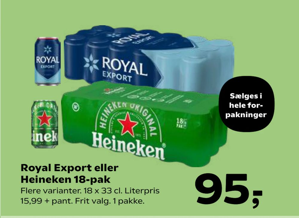 Tilbud på Royal Export eller Heineken 18-pak fra SuperBrugsen til 95 kr.