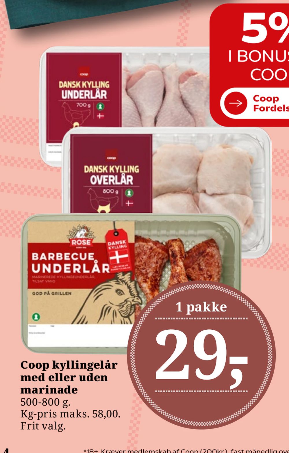 Tilbud på Coop kyllingelår med eller uden marinade fra Brugsen til 29 kr.