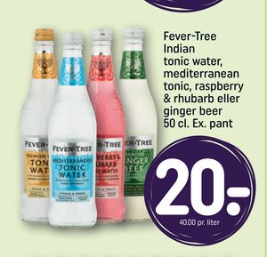 Fever-Tree Indian tonic water, mediterranean tonic, raspberry & rhubarb eller ginger beer 50 cl. Ex. pant