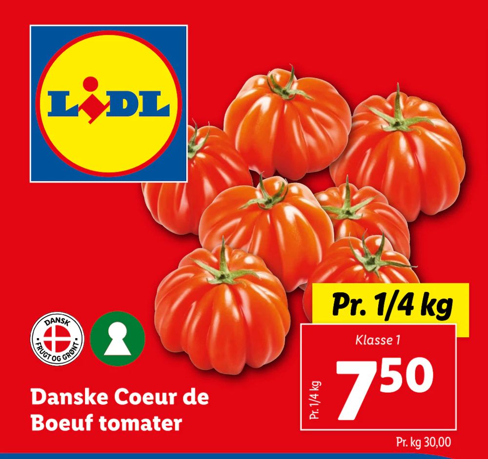 Tilbud på Danske Coeur de Boeuf tomater fra Lidl til 7,50 kr.