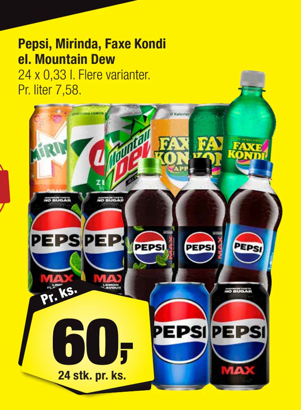 Tilbud på Pepsi, Mirinda, Faxe Kondi el. Mountain Dew fra Calle til 60 kr.