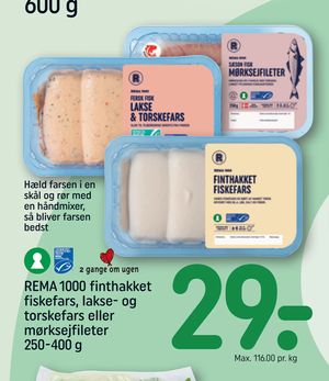 REMA 1000 finthakket fiskefars, lakse- og torskefars eller mørksejfileter 250-400 g