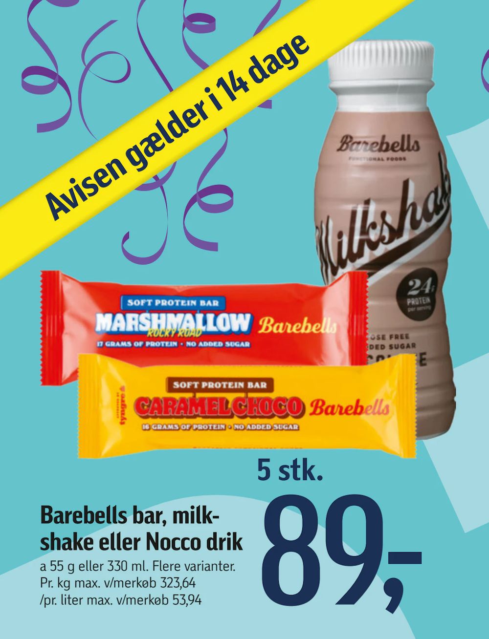 Tilbud på Barebells bar, milk shake eller Nocco drik fra føtex til 89 kr.