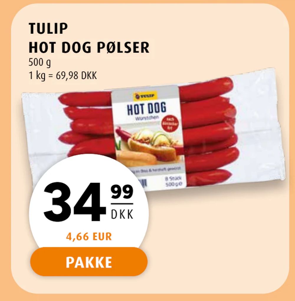 Tilbud på TULIP HOT DOG PØLSER fra Scandinavian Park til 34,99 kr.