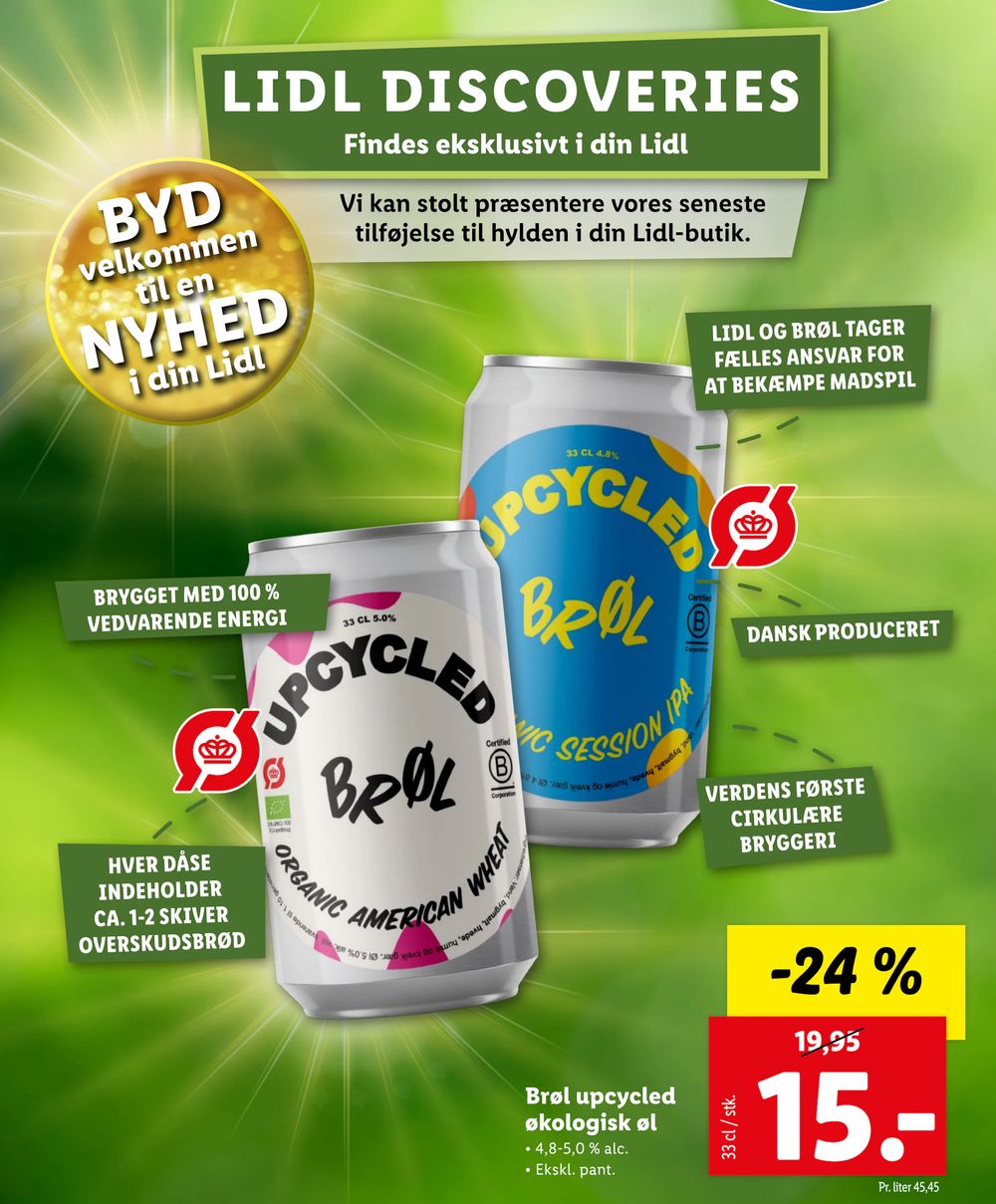 Tilbud på Brøl upcycled økologisk øl fra Lidl til 15 kr.