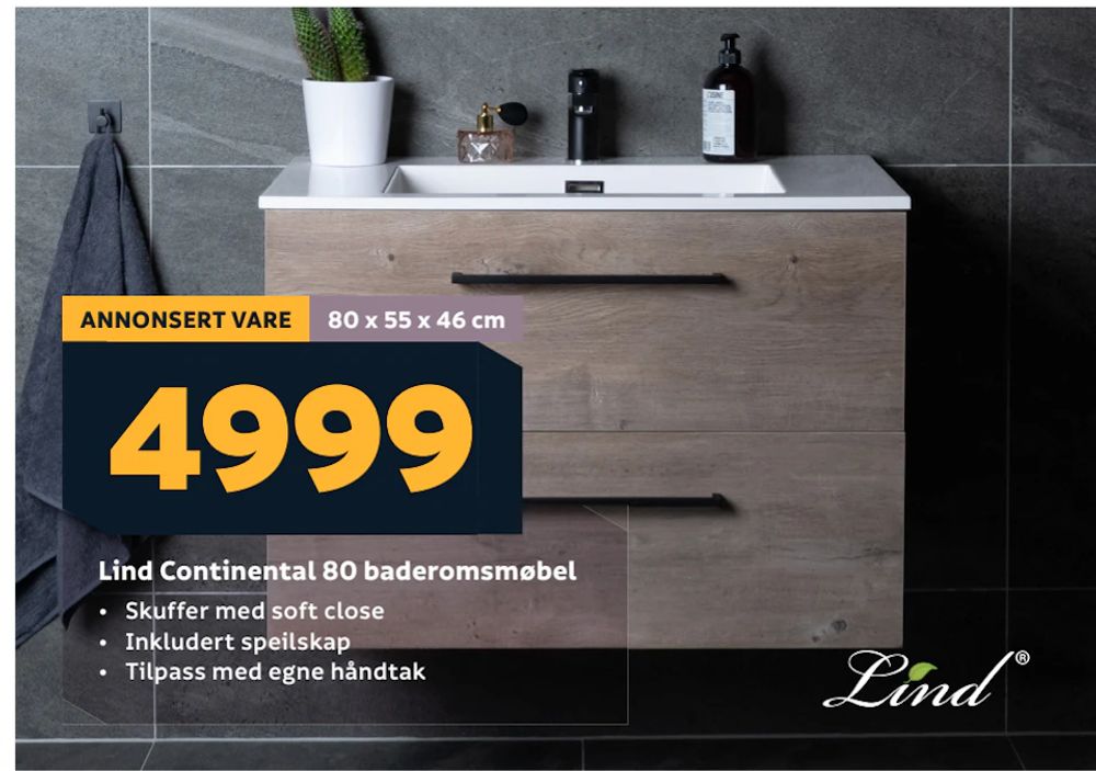 Tilbud på Lind Continental 80 baderomsmøbel fra Megaflis til 4 999 kr