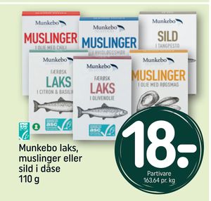 Munkebo laks, muslinger eller sild i dåse 110 g