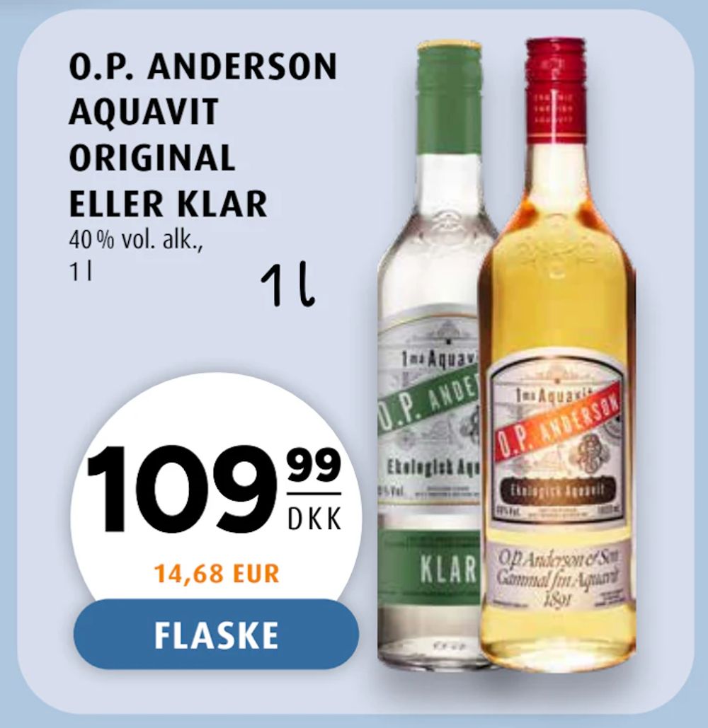 Tilbud på O.P. ANDERSON AQUAVIT ORIGINAL ELLER KLAR fra Scandinavian Park til 109,99 kr.